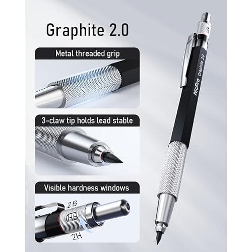 Nicpro 2mm Metal Mechanical Pencil Set with Case, 2PCS | Lead Pencil Holder 2.0 mm+120PCS Lead Refills (4H 2H HB 2B 4B Color), 2mm Pencils for Drafting Writing Drawing Sketching thumbnail 4