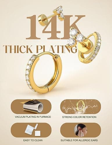 FIASASO Flat Back Gold Earrings for Women Trendy Hypoallergenic Surgical Steel Earrings for Sensitive Ears-20G Cartilage Earring Stacks 14K Gold Plated Small Flatback Stud Hoops Cartilage Earring Set thumbnail 4