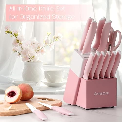 Astercook Knife Set, Kitchen Knives Set with Block and Sharpener Ceramic Coating 15 Pcs German Stainless Steel Knives Sharp Blade Dishwasher Safe Deba Knives with Ergonomic Handle, Crystal Pink thumbnail 8
