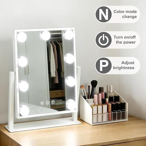 Hibtn Hollywood Vanity Mirror With Lights,Makeup Mirror With 9 Dimmable Led Bulbs With 3 Color,Touchscreen Control, Dressing Tabletop USB Charging thumbnail 6