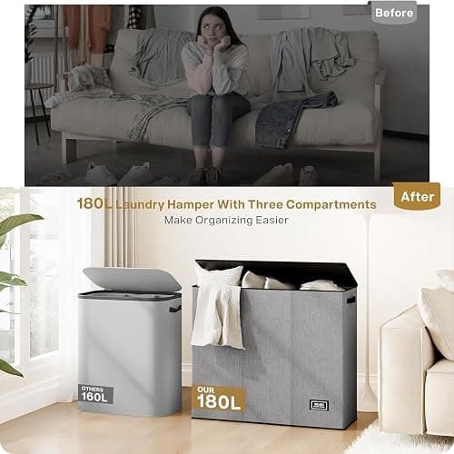 SOLEDI 180L Laundry Hamper 3 Section, Extra Large Laundry Hamper with Lid, Dirty Clothes Hamper with Sturdy Handle, Large Laundry Basket Organizer for Laundry Room, Bedroom, Hampers for Laundry thumbnail 8