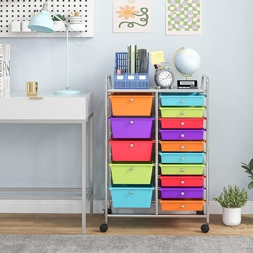 Giantex 15-Drawer Organizer Cart Office School Storage Cart Rolling Drawer Cart for Tools, Scrapbook, Paper (Multicolor) thumbnail 2