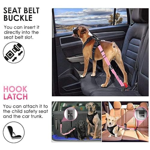 SlowTon Dog Car Seat Belt, 3 in 1 Latch Bar Attachment Dog Safety Seatbelt | Hook Latch Bar& Seatbelt Buckle, Reflective, Heavy Duty Nylon, Durability, Easy of Use, for Travel Riding, Pink, 27.5" thumbnail 2