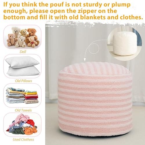 Round Pouf Ottoman Stuffed Foot Rest Stool, Floor Chair Poufs for Living Room Bedroom, Faux Fur Poufs with Foam Chunk Filling, Storage Ottoman Pouf 20 X 15 Inch Boho Poof for Couch, Pink & White thumbnail 5