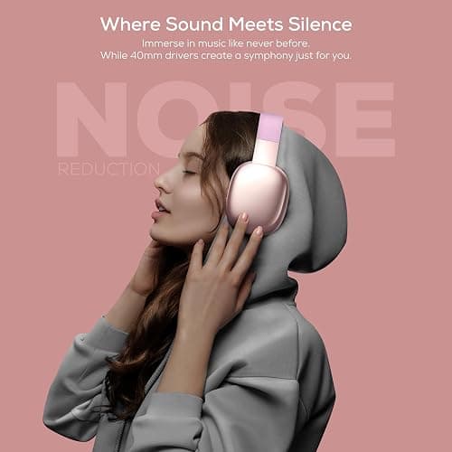 Gabba Goods Wireless Over Ear Bluetooth Headphones with Microphone - Wireless Headset -Noise Reduction - Bluetooth, Wired,Built in Micro SD for Travel, Home, Work TV,PC,Gaming,Cellphone (Pink) - Pink - one size fits all thumbnail 2