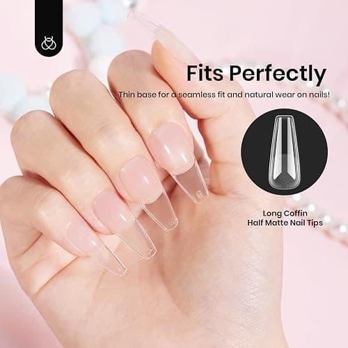 Beetles Coffin Long Gel Nail Tips –Pre-Etched Half Matte Full Cover, 288 Pieces, Pre-Shaped in 12 Sizes for Press-On Extensions thumbnail 7