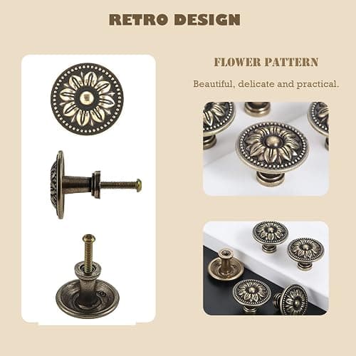 Mgoodoo 5 Pièces Dia-36mm Bouton de Meuble, Antique Bronze Poignée Ronde de Porte pour Tiroir Cuisine Armoire Cabinet, Motif Fleur Vintage thumbnail 7