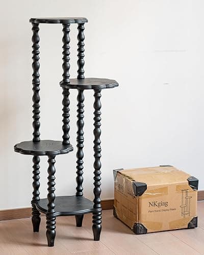 NKGIAG Vintage Corner Shelf 4-Tier, Solid Wood Display Shelf Mid Century, Unique Handcrafted Antique Display Rack, Freestanding Corner Bookshelf with Spindle Legs for Living Room Bedroom, Black thumbnail 9