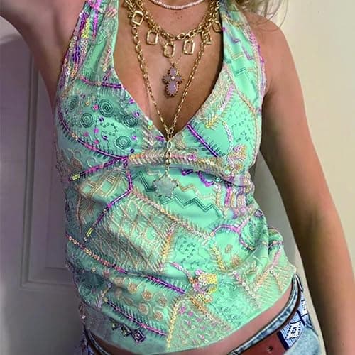 Womens Sequin Halter Tops Y2k Sexy Deep V Backless Sparkly Crop Tops Club Party Sequence Tank Top Streetwear thumbnail 3