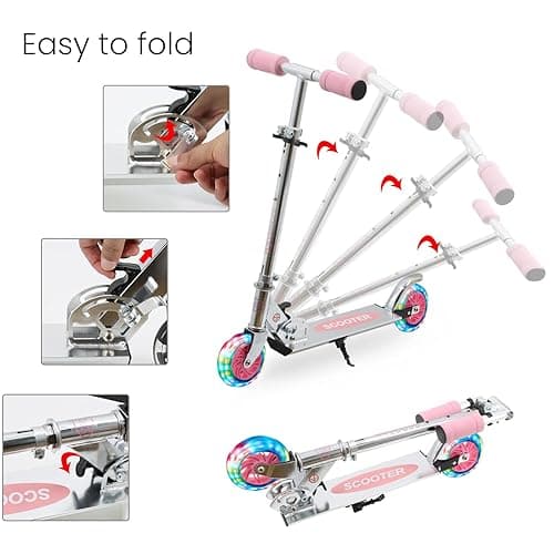 TENBOOM Scooter for Kids Ages 4-7, 2 Wheels Light Up Gift Scooters for Girls Boys Ages 6-12, Easy Folding Kids Scooter with 3 Levels Adjustable Handlebar and Rear Brake… - Slivery Pink thumbnail 4