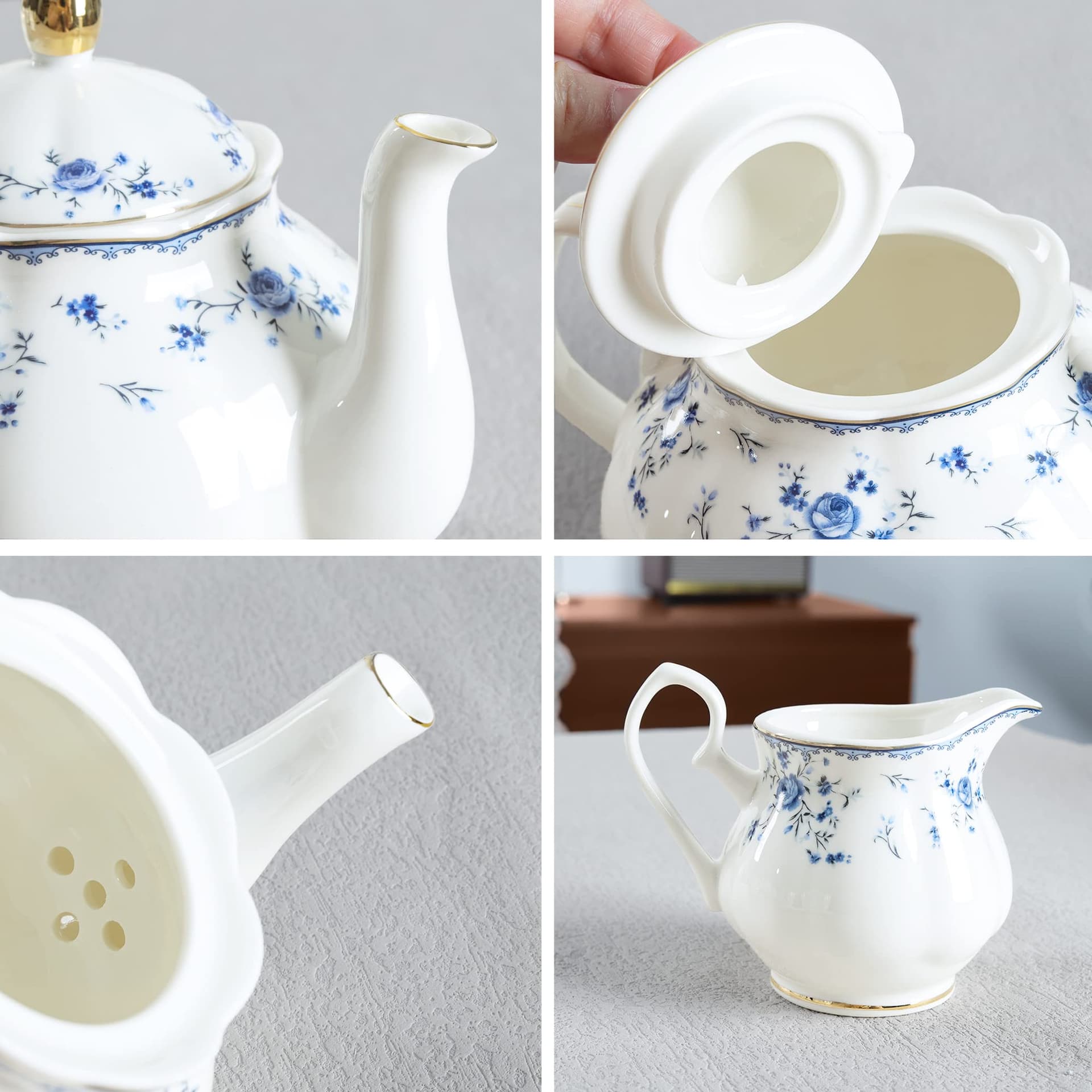 fanquare 15 Piece Blue Rose Porcelain Tea Set, British Floral Teapot with Tea Cups, Women Tea Party Set for 6 (FKT0529) thumbnail 2