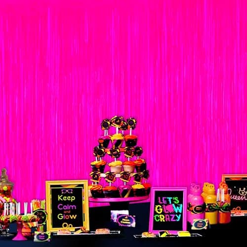 Mega-L Glow in The Dark Party Supplies, 2 Pack Neon Party Decorations 3.3 x 6.6 ft Fluorescent Macaron Fuchsia Tinsel Foil Fringe Curtains, Photo Booth Prop Backdrop Streamer, Birthday Party Decor thumbnail 2