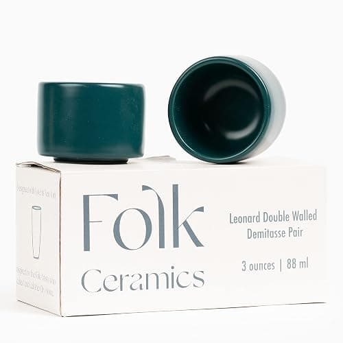 Folk Ceramics Leonard Ceramic Espresso Cups | Modern Stackable Demitasse Mugs for Espresso | Thick Walled, Handleless, Durable, Dishwasher & Microwave Safe | Set of 2, 3oz | Blue Emerald - Image 1