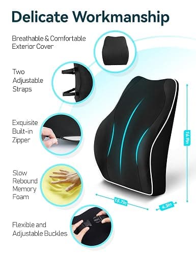 Travel Ease Ergonomic Lumbar Support Cushion, Memory Foam Back Support Cushion for Office Chairs with Skin-friendly Cover for Comfort (Black) thumbnail 2