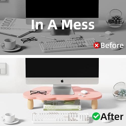 AFOOYO Monitor Stand Riser,Cloud-Shaped Sturdy Wood Computer Monitor Riser, Laptop Monitor Stand, Multi-Purpose Desktop Organizer Riser for Computer, Laptop, Printer, TV,Pink thumbnail 5