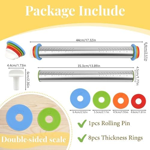 Adjustable Rolling Pin with 4 Thickness Rings for Baking, 17” Stainless Steel Dough Roller with Clear Measurement Markings for Pizza, Fondant, Pie, Cookies, Baking Supplies, Pastry, Pasta thumbnail 2