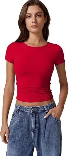 QINSEN Short Sleeve Shirts for Women Round Neck Basic Double Lined Tees Fitted Y2k Crop Tops thumbnail 3