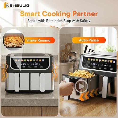 NEWBULIG Dual Air Fryer with 2 Baskets 9.5 QT, 10 in 1 Large Air Fryers with Ceramic Crisper Plate, Match Cook, Sync Finish, Shake Reminder, 80-450°F Wide Temp, Roast, Defrost, Dehydrate, Bake, Black thumbnail 7