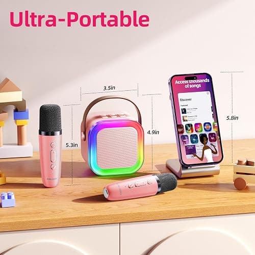 Kinglucky Mini Karaoke Machine for Kids, Top Birthday Gift Pick for Girls Ages 3, 4, 5, 6, 7, 8, 9, 10, 11, 12 Years Old, Kids' Personal Video Players Accessories with 2 Mics Singing Present Toy, Pink thumbnail 6
