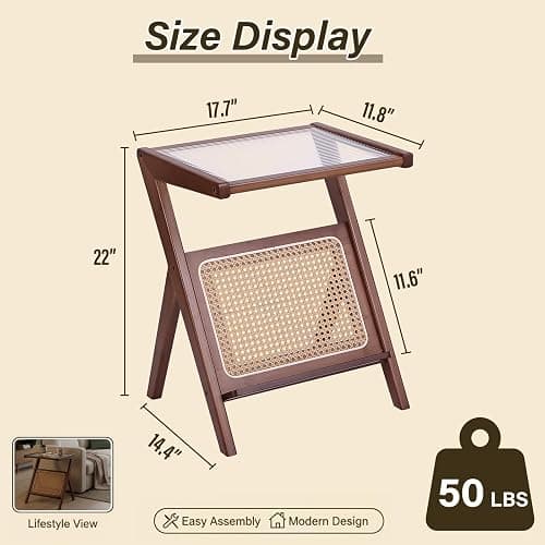 Tiita 2 Pack Rattan Side Table, Mid Century Nightstand, Bamboo Accent Bedside Tables, Glass Coffee Tables, Boho Wooden End Table with Storage for Small Space, Living Room and Bedroom thumbnail 3
