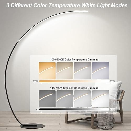 E.P. Light RGBW Modern 69.99 inch Arched Standing Reading Floor Lamp with Remote - Dimmable Black Led Color Changing Curved Ambient Lighting for Bedroom and Living Room thumbnail 4