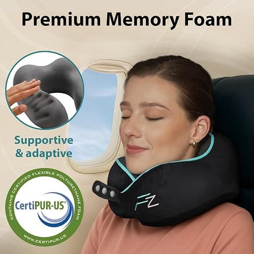 FLOWZOOM Comfy Memory Foam Travel Pillow for Airplane & Car – Adjustable Travel Neck Pillow with 360° Support, Soft, Washable Plush Cover and Compact Mesh Bag - Black thumbnail 2