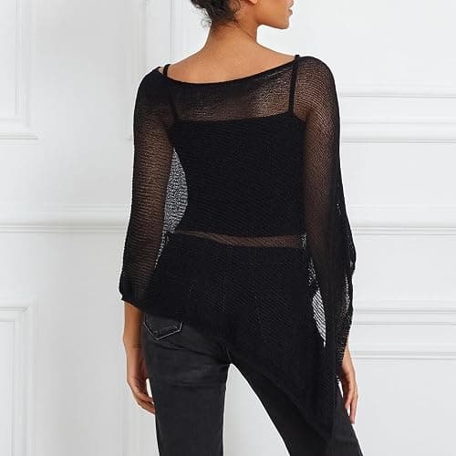 Women Sheer Poncho Top Knit Crochet Lightweight See Through Shawl Summer Shrug Beach Cover Up thumbnail 2