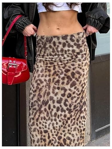 BEAUDRM Women's Y2K Leopard Print Skirts Ruched Side Slit Maxi Skirt Mesh Sheer High Waisted Long Skirt Cheetah Bodycon Skirt thumbnail 3