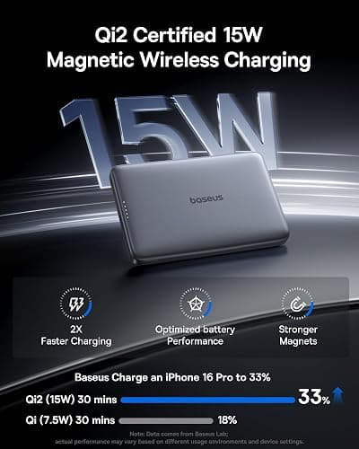 Baseus Picogo Magsafe Portable Charger, Qi2 Certified 0.5" Ultra Slim 15W Wireless Power Bank, 10000mAh 27W Fast Charging Magnetic Battery Pack with USB-C for iPhone 17/16/15/14/13/12 Series Only thumbnail 6