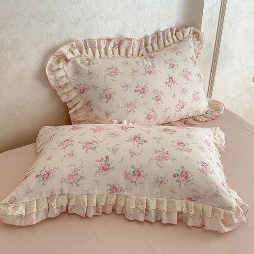 VM VOUGEMARKET Pink Rose Flower Duvet Cover Set Queen Romantic Lace Ruffled Bedding Set Soft Muslin Cotton,Breathable Linen Like Gauze Comforter Cover with Zipper Closure 90"x90" thumbnail 8