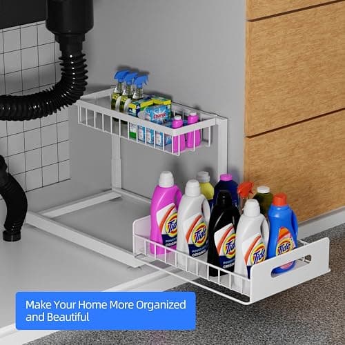 Lxmons 2-Tier Under Sink Slide Out Organizer, 2 Pack Pull Out Cabinet Storage Shelf with Sliding Wire Basket Drawer for Bathroom Kitchen, Countertop or Pantry Shelf, White thumbnail 6
