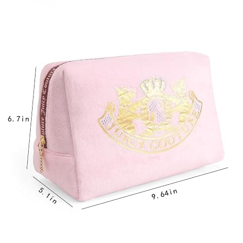 Juicy Couture Pink Makeup Bag Cosmetics Organizer Travel Essentials Zip Top Wedge Gold Terroir Dog Rhinestone Crown Velour thumbnail 5