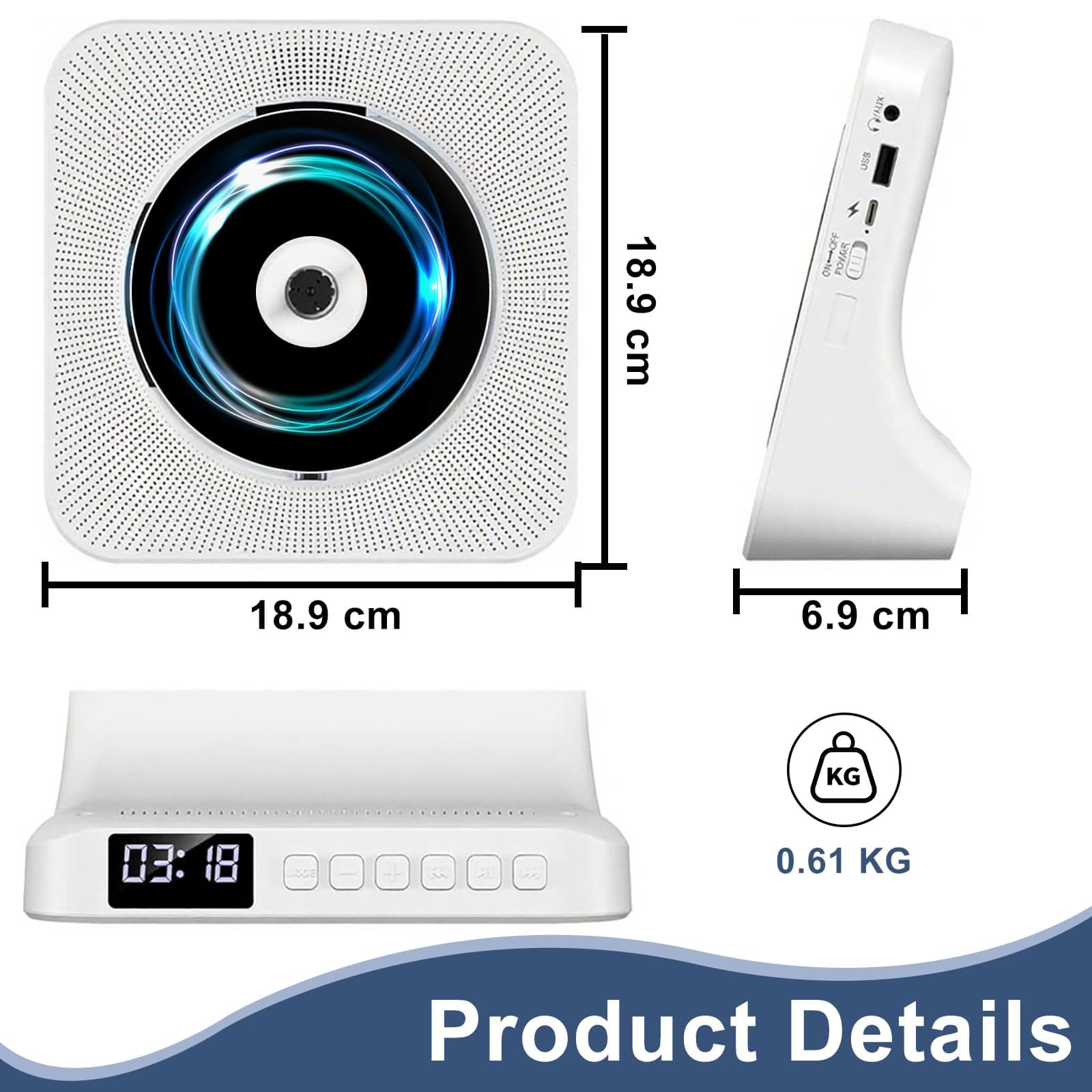 CD Player with Bluetooth 5.0, Portable CD Player for Home Built-in HiFi Speaker, Remote Control, FM Radio, Headphone jack, Timer, Support AUX/USB White thumbnail 6