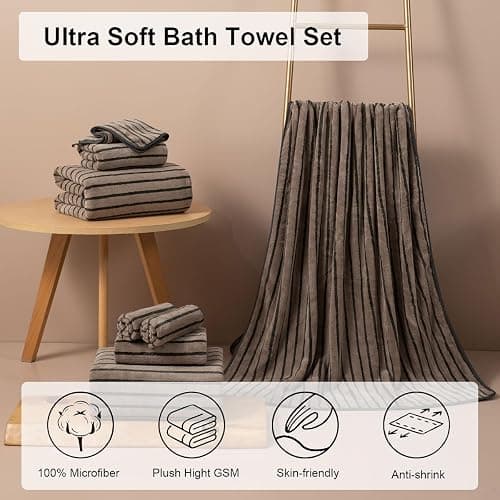 8 Pcs Polyester Brown Cabana Stripe Large Bath Towel Set-2 Bathroom Towels,2 Hand Towels,4 Washcloths Lightweight 600GMS Bath Sheet Absorbent Shower Towel Quick Dry Beach Chair Spa Gym Hotel Towels thumbnail 3