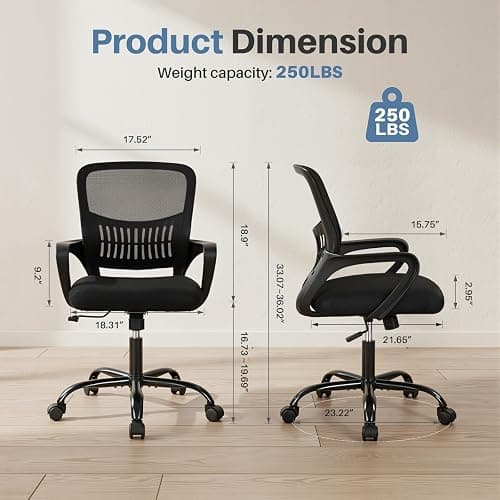 DUMOS Home Office Computer Chair - Ergonomic Mid Back Desk with Lumbar Support and Rocking Mode, Height Adjustable with Fixed Armrest, for Conference Meeting Room, 360° Swivel, Adults, Black thumbnail 3