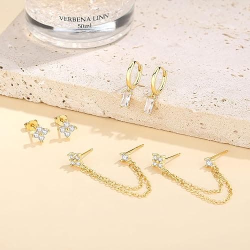 Gold Chain Stud Earrings for Women Trendy Minimalist 14K Gold Small Huggie Hoop Birthstone Earring Sets for Multiple Piercing Hypoallergenic Earring Stacks thumbnail 5
