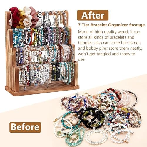 PH PandaHall 7 Tier Wood Bracelet Holder Jewelry Display Stand Bracelet Bangle Scrunchie Organizer Watch Display Stand Accessory Display Storage Organizer for Vendors Selling Craft Show Home, Brown thumbnail 6