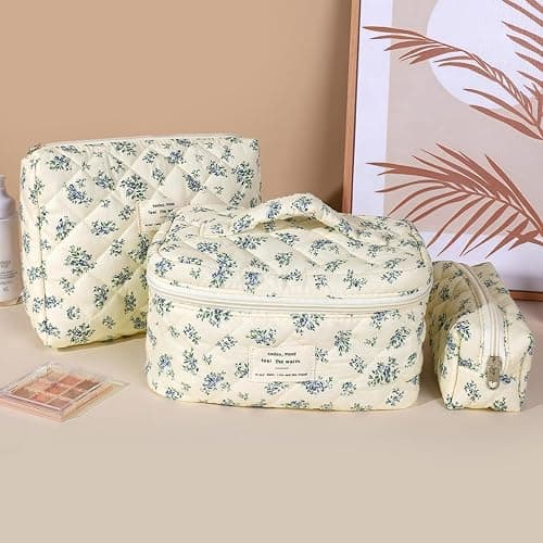 Aucuu 3PCS Set Kosmetiktasche, Reise Kosmetiktasche Set Damen, Kulturtasche Damen mit Blumenmuster, Gesteppte Kulturtasche, Kulturbeutel Make Up Tasche, Tragbare Schminktasche für Mädchen Frauen thumbnail 6