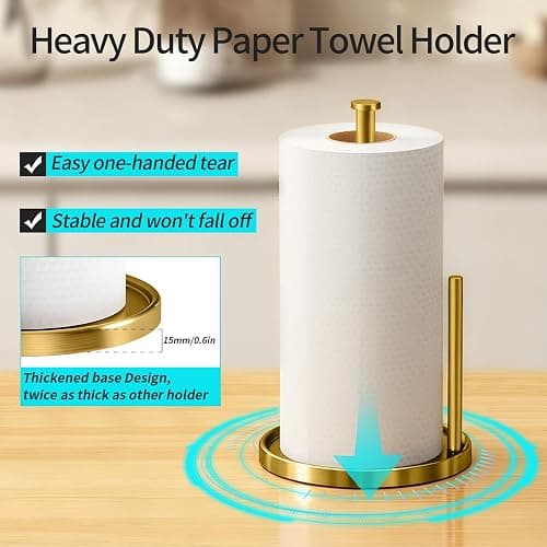 Paper Towel Holder Countertop, Standing Paper Roll Holder with Anti Slip Weighted Base, Stainless Steel Freestanding Paper Towel Holder for Kitchen, Gold thumbnail 5
