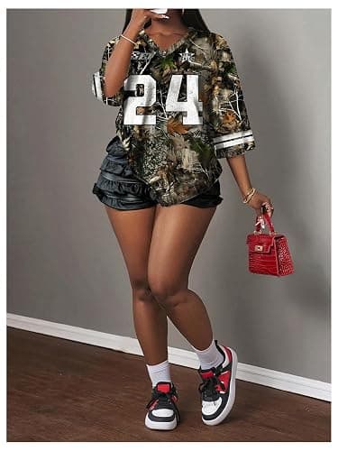 WDIRARA Women's Oversized Jersey Shirts Number Graphic Tee V Neck Half Sleeve T-Shirt Tops thumbnail 4
