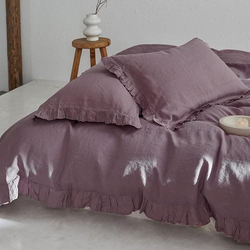 Simple&Opulence 100% Linen Duvet Cover Set, 3 PCS Natural French Flax Purple Ruffle Duvet Cover King Size, Breathable Comfy Linen Bedding Comforter Cover with 2 Pillowcases (Purple, 104" X 92") thumbnail 9