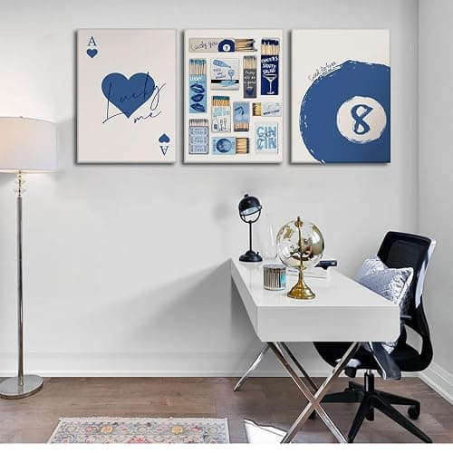 3 Pcs Framed Blue Vintage Matchbox wall art lucky Trendy Red Hearts Playing Wall decor picturesCard Pool Ball Paintings Aesthetic canvas posters prints for girl dormitory apartment Home Decoration - Canvas - 12x16in thumbnail 2