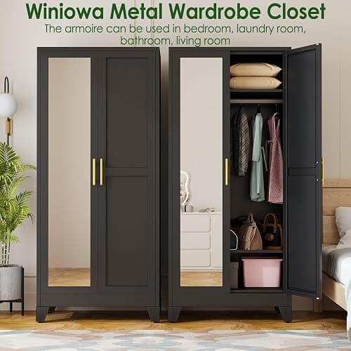 winiowa Metal Armoire Wardrobe Closet with 2 Mirror Doors, 71" Wardrobe Cabinet with Adjustable Shelves and Hanging Rod, Clothing Storage Cabinet Closet with Mirror for Bedroom-Black thumbnail 4