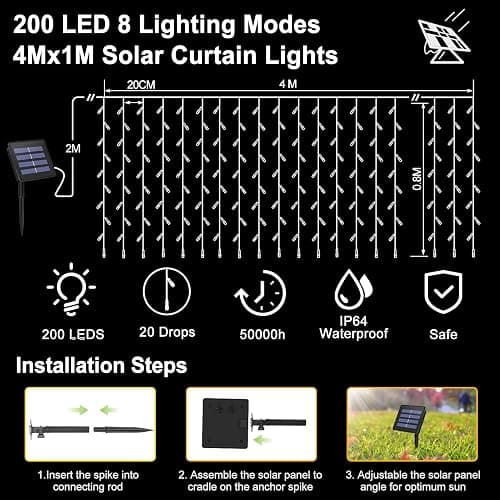 CCILAND Solar Curtain Lights Outdoor 4M x 1M 200 LED Curtain Lights Green Wire Waterproof Curtain String Lights for Garden Patio Gazebo Fence Wedding Party Decoration - Warm White thumbnail 6