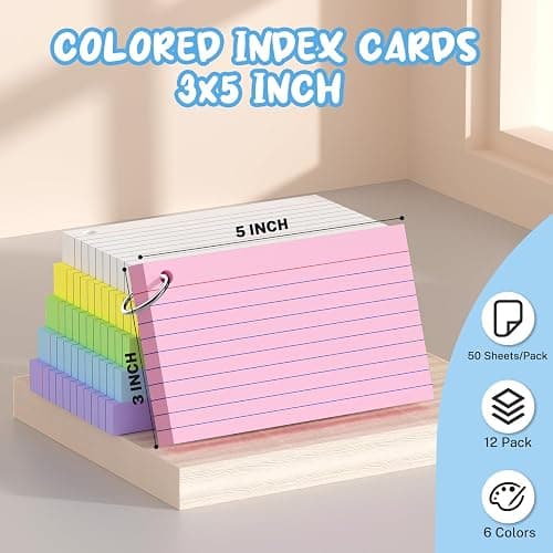 600 Pcs Index Cards 3x5, Colored Index Cards With Ring, 6 Colors Flash Cards with Rings, Flashcards for Studying, Heavy Bright Note Cards 3 x 5, Colored Notecards 3x5 Lined for Office, Home, School thumbnail 2