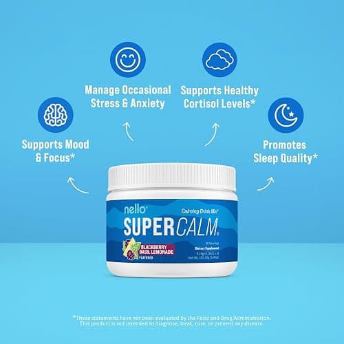 Nello Supercalm Powdered Drink Mix Tub, Cortisol Reducer* and Sleep Aid Supplement, L Theanine, Ksm-66 Ashwagandha, Magnesium Glycinate, Vitamin D 3, No Sugar, Non GMO, 30 Ct, BlackBerry Basil thumbnail 5