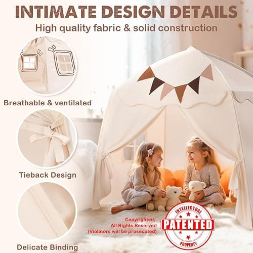 Extra Large Kids Play Tent with Flags & Star Lights, Portable & Foldable Teepee, Boys & Girls, Indoor Outdoor Dome Tent Playhouse, 59x39x59 in, Cream thumbnail 5