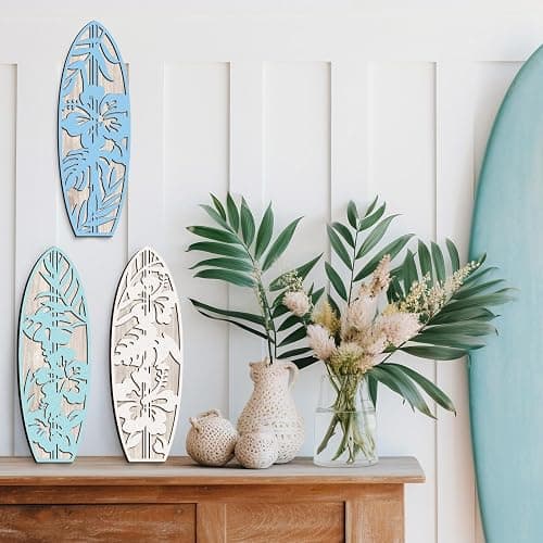 VGICH Hibiscus Surfboard Wall Decor - 3 Piece Wooden Beach Wall Art for Bedroom, Tropical Decor for Living Room(Blue) thumbnail 4