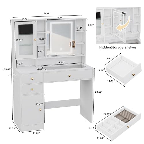 Wodeer Makeup Vanity Desk with Mirror and Lights, White Vanity with Glass Top, Jewelry Storage, Power Outlets, 3 Drawers & 2 Cabinets, Adjustable LED Lighting, Dressing Table for Women & Girls Bedroom thumbnail 9