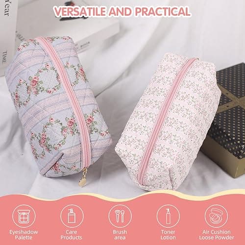 Floral Makeup Bag, Cute Quilted Makeup Toiletry Bag, Zipper Cosmetic Pouch, Daily Travel Use Skincare Bag, Multipurpose Organizer Bag (Blossom Blush Pink) thumbnail 4